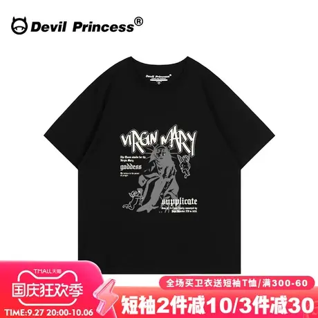 无性别穿搭bf街头风美式潮牌黑色t恤女短袖大版宽松正肩纯棉上衣商品大图