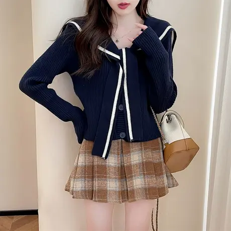 唐狮春秋季减龄海军领设计开衫时尚百搭休闲美式学院风女士TD图片
