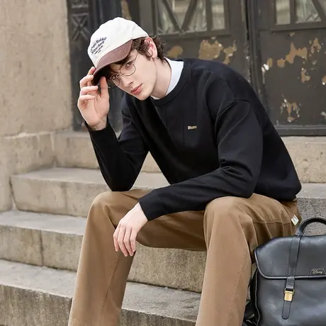 唐狮秋冬季新款毛衣男圆领套头字母刺绣肌理毛线衫黑色百搭TMTA图片