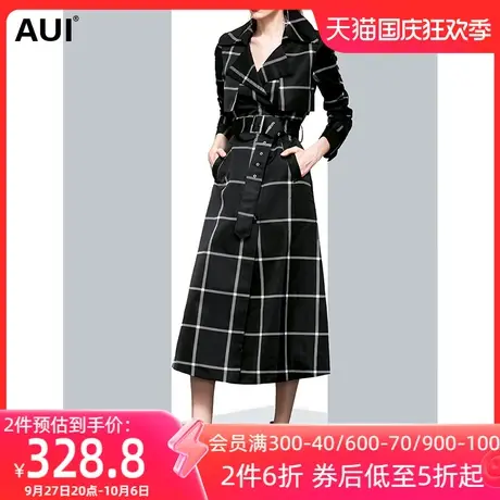 aui黑色设计感高端风衣外套女秋冬2023新款长款过膝气质格子大衣商品大图