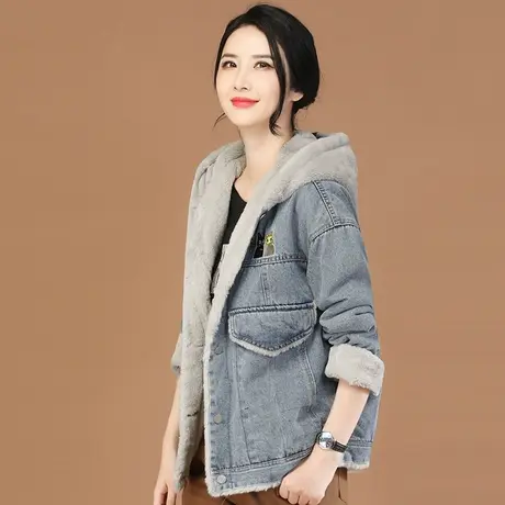 韩潮袭人连帽刺绣羊羔毛牛仔外套女2022冬新款显瘦加绒棒球服夹克图片