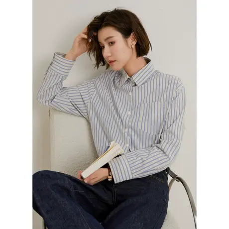 弥古复古条纹衬衫2023新款女秋长袖纯棉内搭叠穿马甲打底衬衣上衣图片