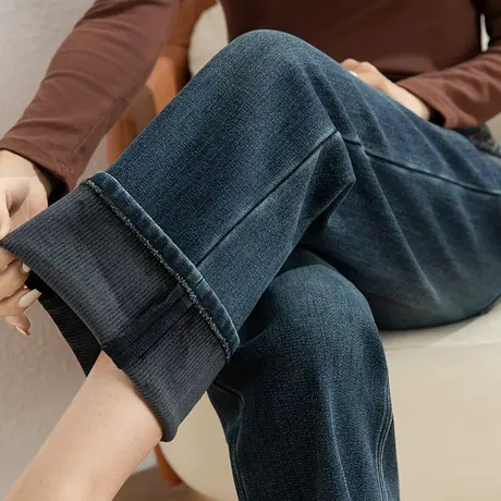 加绒阔腿牛仔裤女2023新款冬季裤子秋冬女裤高腰直筒裤九分烟筒裤商品大图