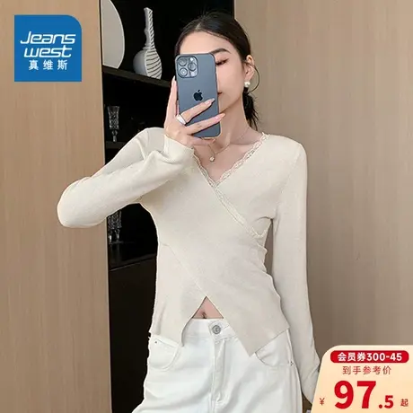 EI真维斯女装毛衣2024春季新款女式个性舒适收腰花边V领长袖毛衣商品大图