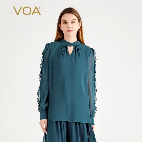 VOA桑蚕丝乔其纱深蓝立领荷叶边长袖宽松直筒休闲韩版双层真丝T恤图片