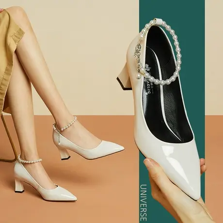 单鞋春款一字带珍珠尖头浅口白色鞋子女春秋全皮软底防滑优雅商品大图