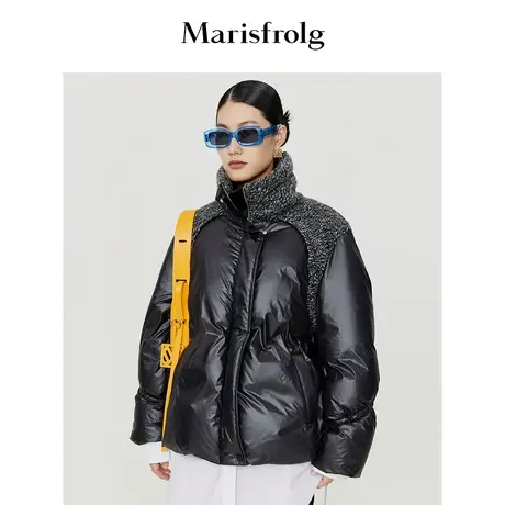 【意大利进口面料】玛丝菲尔冬季新款黑色拼接立领收腰短款羽绒服商品大图