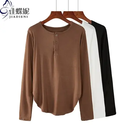 春秋季新款韩版圆领纯棉宽松中长款休闲长袖体恤泡泡袖上衣女装商品大图