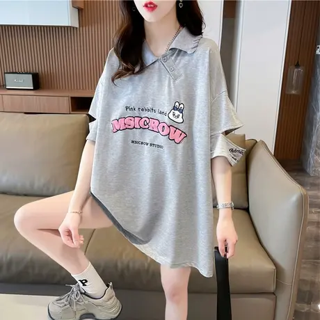 小众设计感短袖t恤女夏季韩版宽松大码女装中长款翻领百搭上衣服商品大图