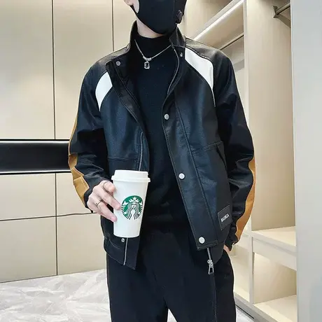 撞色皮衣外套秋季2023新款小众INS痞帅机车服拼接立领皮夹克上衣图片