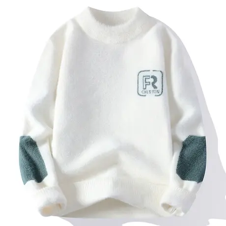 青年水貂绒毛衣男士秋冬季加厚保暖半高领针织打底衫国潮提花线衣商品大图