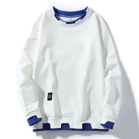 长袖t恤男士秋季新款潮流宽松圆领假两件卫衣纯色休闲潮牌打底衫商品大图