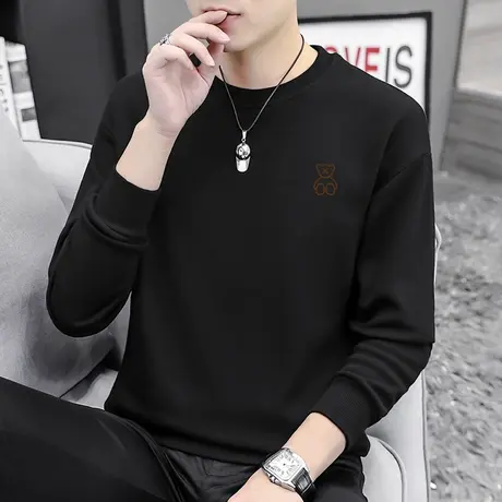 男士卫衣2023新款潮流小熊印花秋季上衣套头无帽加绒黑色长袖t恤商品大图