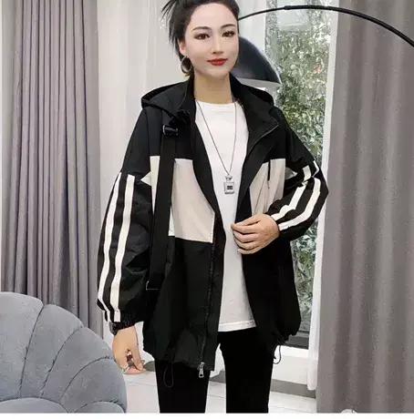 欧洲站连帽外套女2023春季新款休闲拼色时尚宽松冲锋衣运动棒球服商品大图
