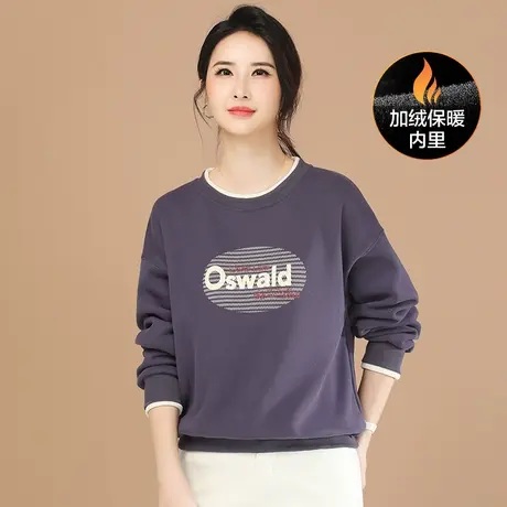 新品88折】圆领假两件印花加绒卫衣女时尚休闲上衣图片
