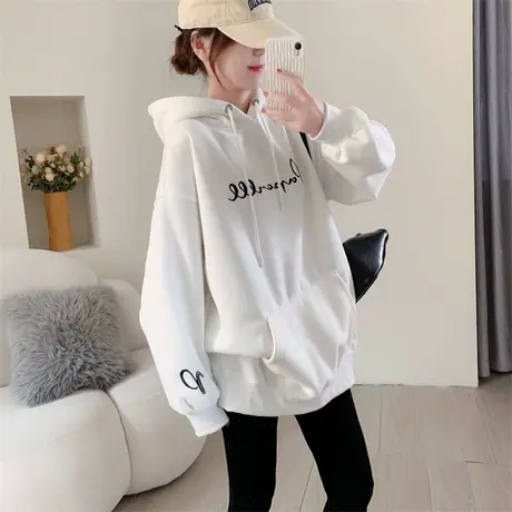 字母刺绣加绒加厚连帽卫衣女秋冬新款宽松慵懒风百搭休闲套头上衣图片