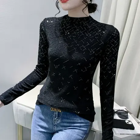 欧货半高领打底衫女加绒加厚长袖重工烫钻T恤设计感别致洋气上衣图片