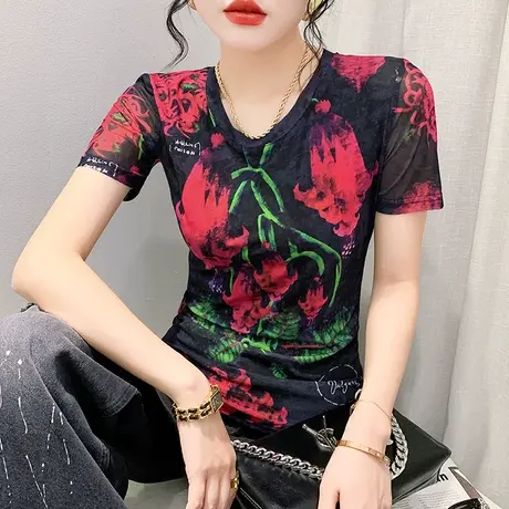 洋气漂亮印花上衣女短袖2024夏装新款圆领网纱T恤修身显瘦小衫ins图片
