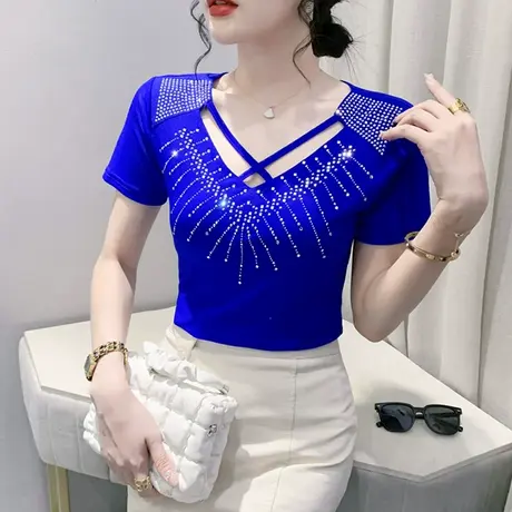 2024夏装新款性感V领网纱T恤女短袖洋气烫钻小衫设计感小众上衣潮商品大图