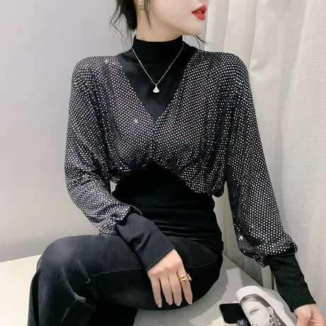 欧货复古亮片拼接蝙蝠袖上衣时尚半高领T恤女长袖洋气宽松打底衫商品大图