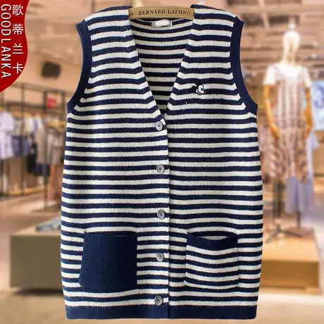 大码胖妈妈秋装针织开衫背心马夹宽松洋气减龄条纹V领北极绒马甲商品大图