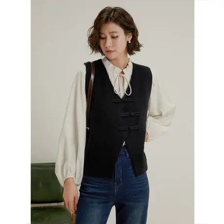 弥古中式国风马甲2023新款秋冬黑色毛衣盘扣针织背心女坎肩小马夹图片