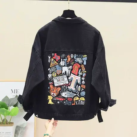 2023秋季新款韩版夹克宽松大码文艺做旧后背涂鸦印花牛仔短外套女商品大图