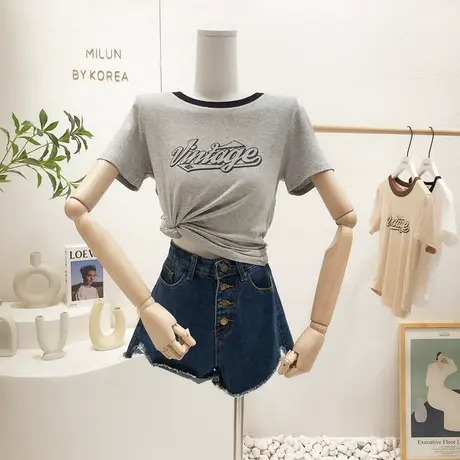 2022夏季新款韩系复古美式chic港味甜辣短款上衣设计感T恤修身女商品大图