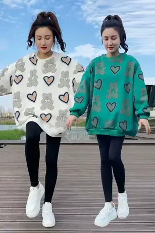 韩版减龄爱心小熊上衣弹力芭比裤两件套秋冬加厚加绒宽松卫衣外套图片