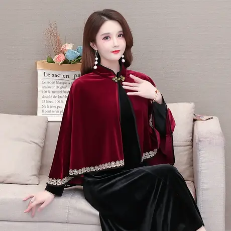 配旗袍礼服外搭斗篷披风秋冬复古金丝绒立领花边结婚喜庆妈妈披肩商品大图