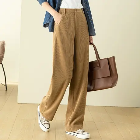 卡其色裤子阔腿裤女秋冬2024新款灯芯绒女裤休闲条绒裤宽松直筒裤商品大图