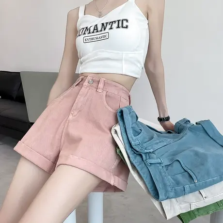 粉色牛仔短裤女2024年夏季薄款高腰a字宽松显瘦遮肉百搭卷边热裤图片
