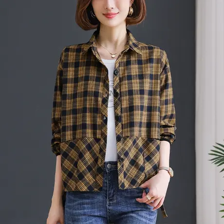 休闲衬衫女长袖春秋新款大码女装宽松中老年妈妈百搭显瘦格子衬衣商品大图