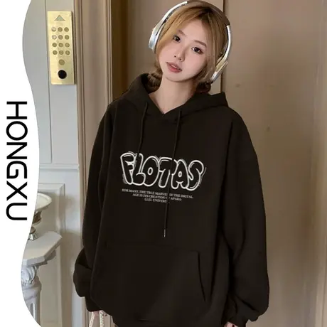 红续秋冬加厚加绒趣味字母印花连帽卫衣黑色小众百搭显瘦上衣长袖图片