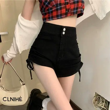 高腰松紧绑带牛仔短裤女宽松2023年新款夏季显瘦a字热裤图片