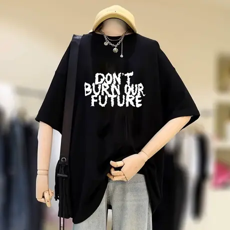 黑色纯棉短袖t恤女夏季简约宽松韩版潮oversize正肩女装体恤上衣商品大图