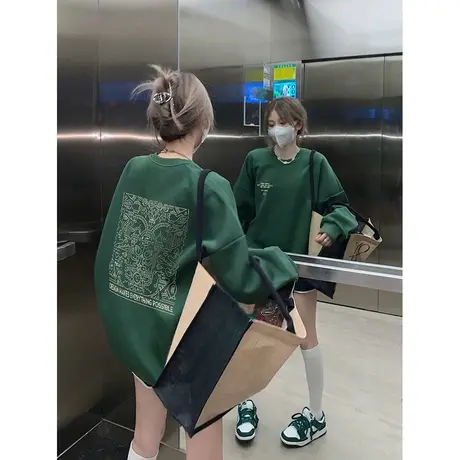 港风复古绿色卫衣oversize大码女装ins潮秋冬慵懒风加绒宽松上衣商品大图