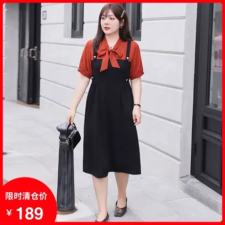 2023年夏装新款假两件连衣裙显瘦大码胖妹妹设计感蝴蝶结减龄长裙商品大图