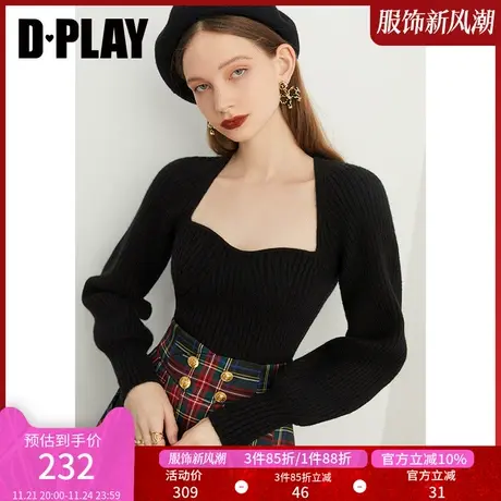 DPLAY冬新款法式美背宫廷领经典黑色灯笼袖型针织套头毛衣商品大图