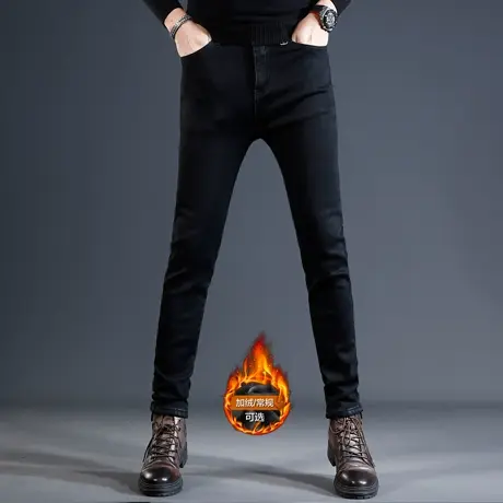 黑色加绒加厚牛仔裤男款修身小脚2023新款弹力保暖冬季男士长裤子商品大图
