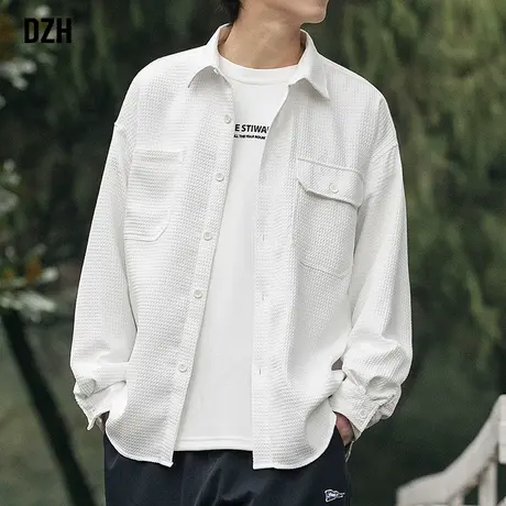 男生华夫格衬衫男长袖美式复古潮牌白色衬衣外套春夏薄款休闲夹克商品大图