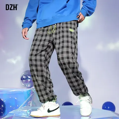 今年流行黑白格子裤2023新款抽绳束脚裤男秋季宽松裤子男士休闲裤图片
