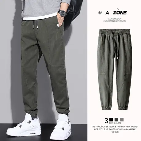 军绿色工装裤男士束脚宽松紧腰九分休闲裤子男裤秋季春秋款青少年商品大图