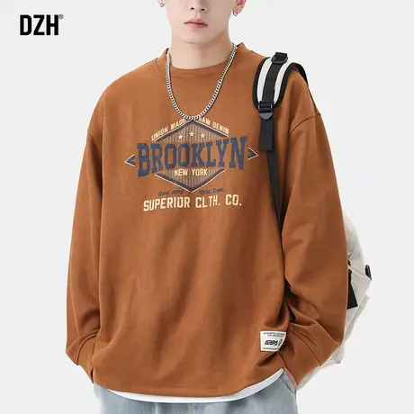 男士美式圆领卫衣男秋冬款潮牌麂皮绒t恤2023新款内搭上衣打底衫商品大图