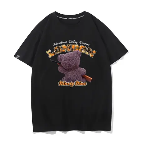 秀洛港风纯棉短袖T恤男夏季ins潮流打底衫设计感宽松卡通小熊半袖商品大图
