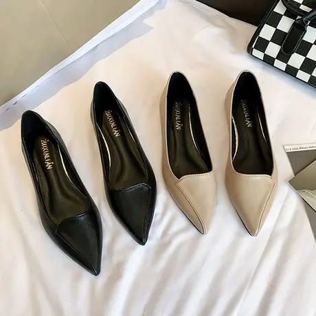 软底工作鞋女黑色尖头平底单鞋职业空姐女鞋软皮舒适上班酒店皮鞋商品大图