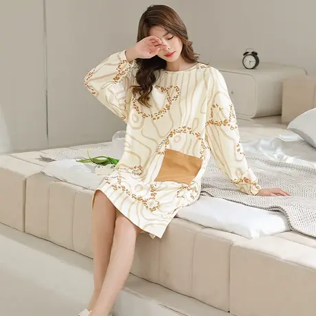 sharefun/霞黛芳纯棉大口袋带胸垫家居服长袖宽松可外穿秋睡裙女图片