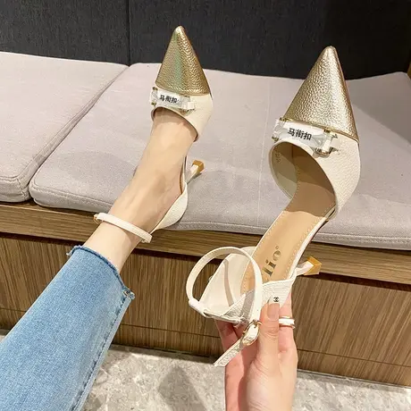 包头拼色高跟鞋女细跟2024年夏季新款性感尖头时尚一字带时装凉鞋图片
