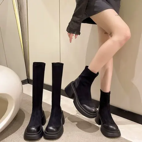 爆款短靴长筒靴子女2023秋冬新款韩系法式粗跟高跟厚底弹力瘦瘦靴商品大图