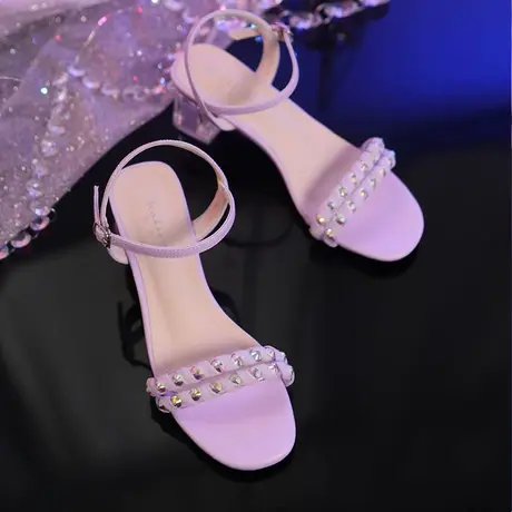 百翎夏季新款凉鞋女粗跟中跟水钻一字带水晶跟时尚粗跟女鞋子商品大图